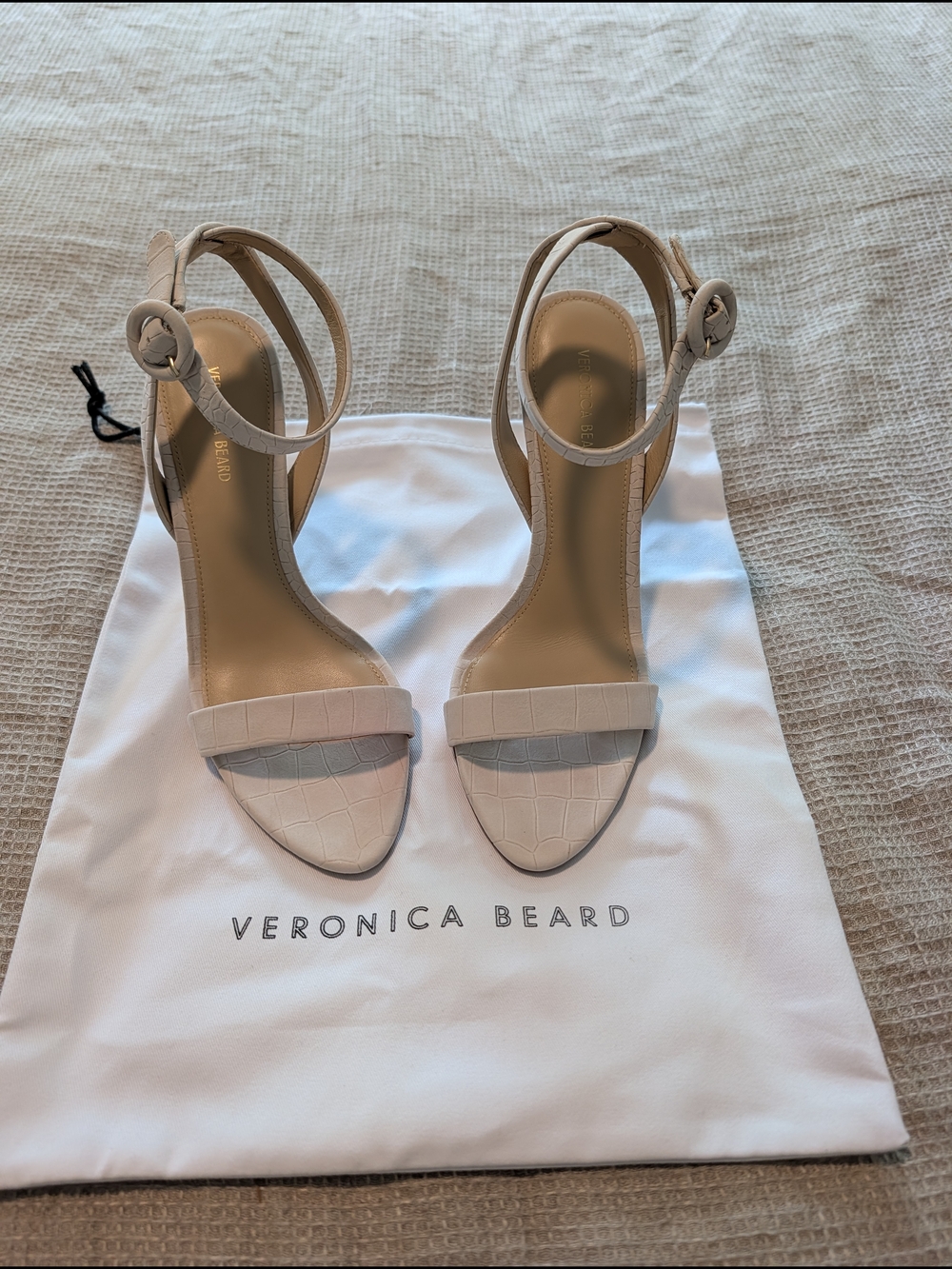 Veronica Beard Cream Croc-Embossed Ankle Strap Heels